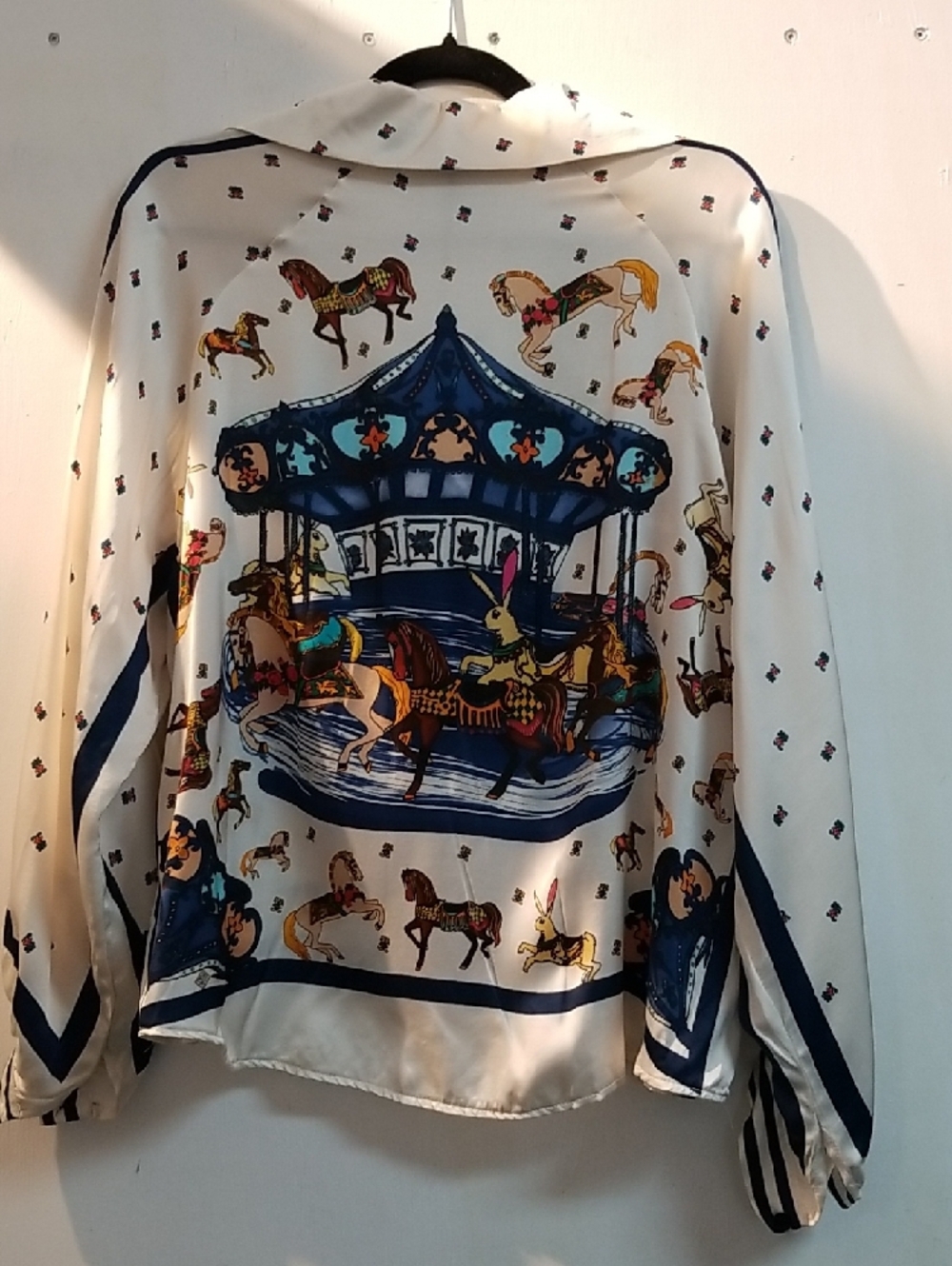 Silk-Feel Carousel Print Blouse - Ivory & Navy - Picture 2 of 2